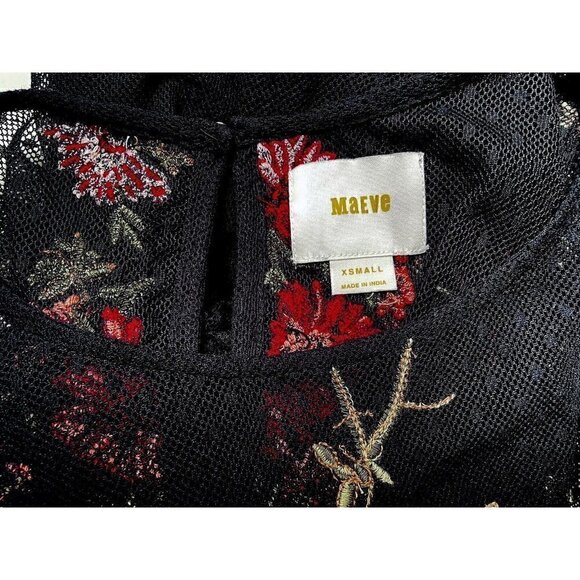 Maeve Anthropologie Sheer Short Sleeve Black Top Floral Embroidery Women’s XS - Picture 7 of 7